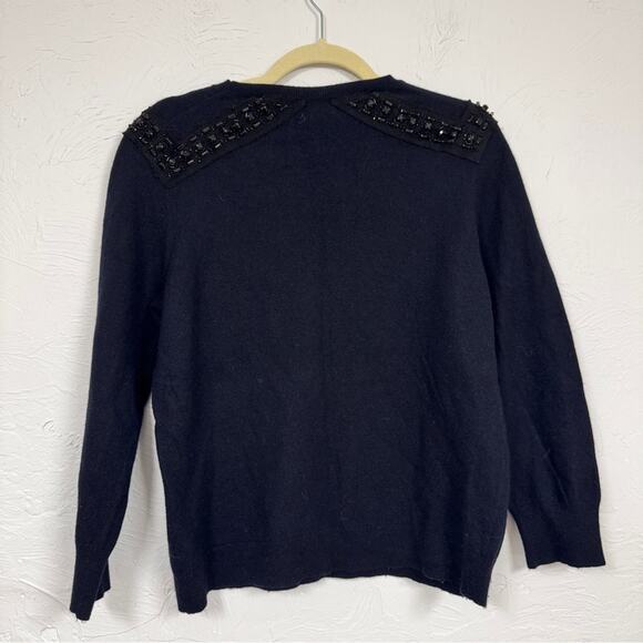 J Crew Navy Blue Beaded Shoulder Cashmere Blend Sweater Womens L Preppy Coquette - Picture 5 of 10